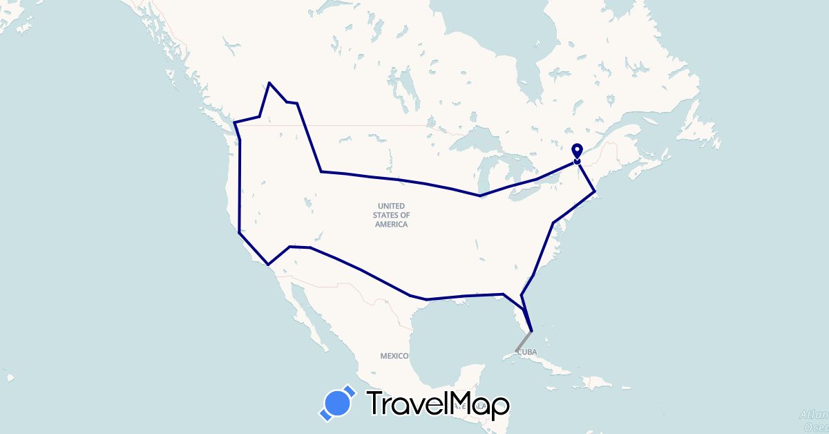 TravelMap itinerary: driving, plane in Canada, Cuba, United States (North America)